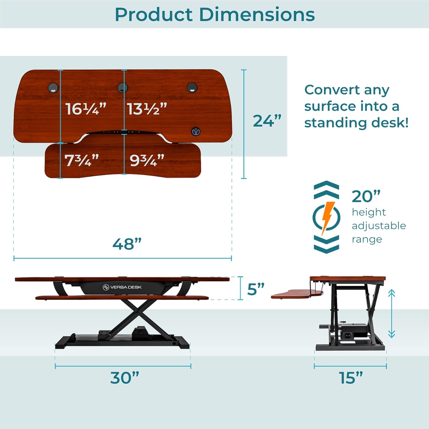 VERSADESK 48 Inch Electric Height Adjustable Ergonomic Desk Converter, PowerPro™ Height Standing Desk Riser, Keyboard Tray, Built-in USB Charging Port, Sit Stand Workstation, Hold 80 lbs, Cherry