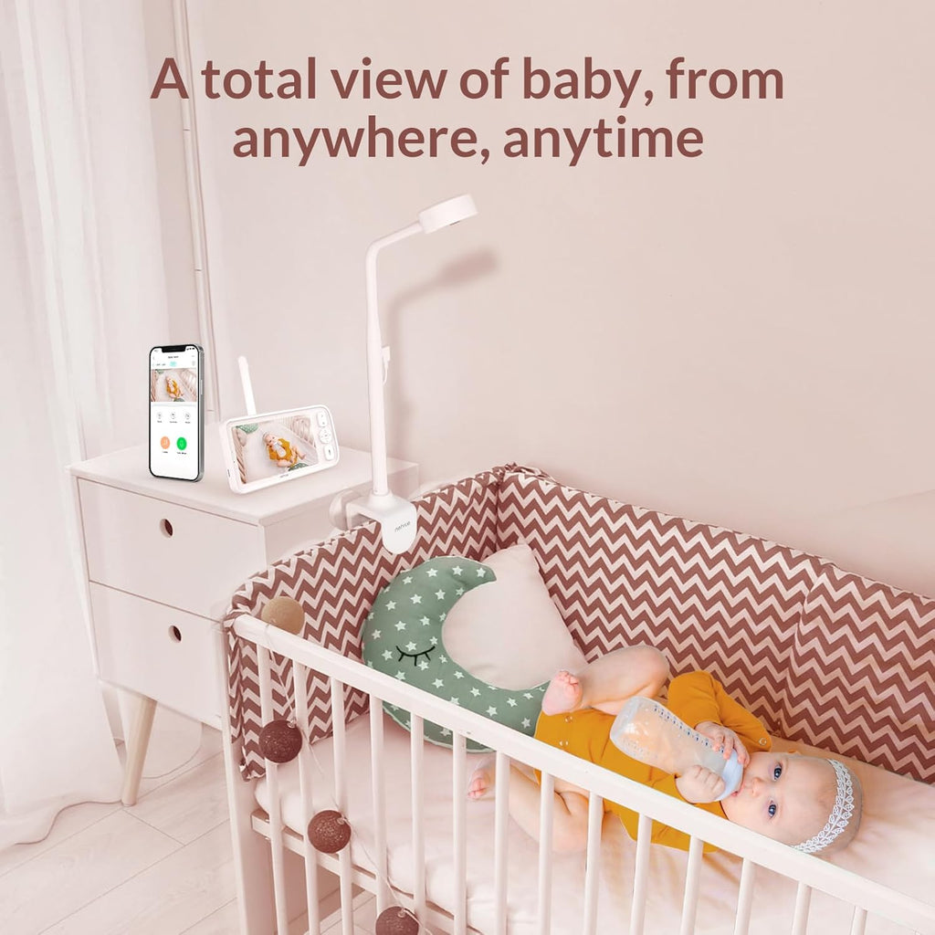 Baby Monitor with Camera and Audio, 5’’ Screen & App, 2.4GHz WiFi Secure Link, Sleep Tracking, Cry Detection, Night Vision, Temp & Humidity Monitor, 2-Way Talk, 5GB Cloud Storage, 4-in-1 Mount