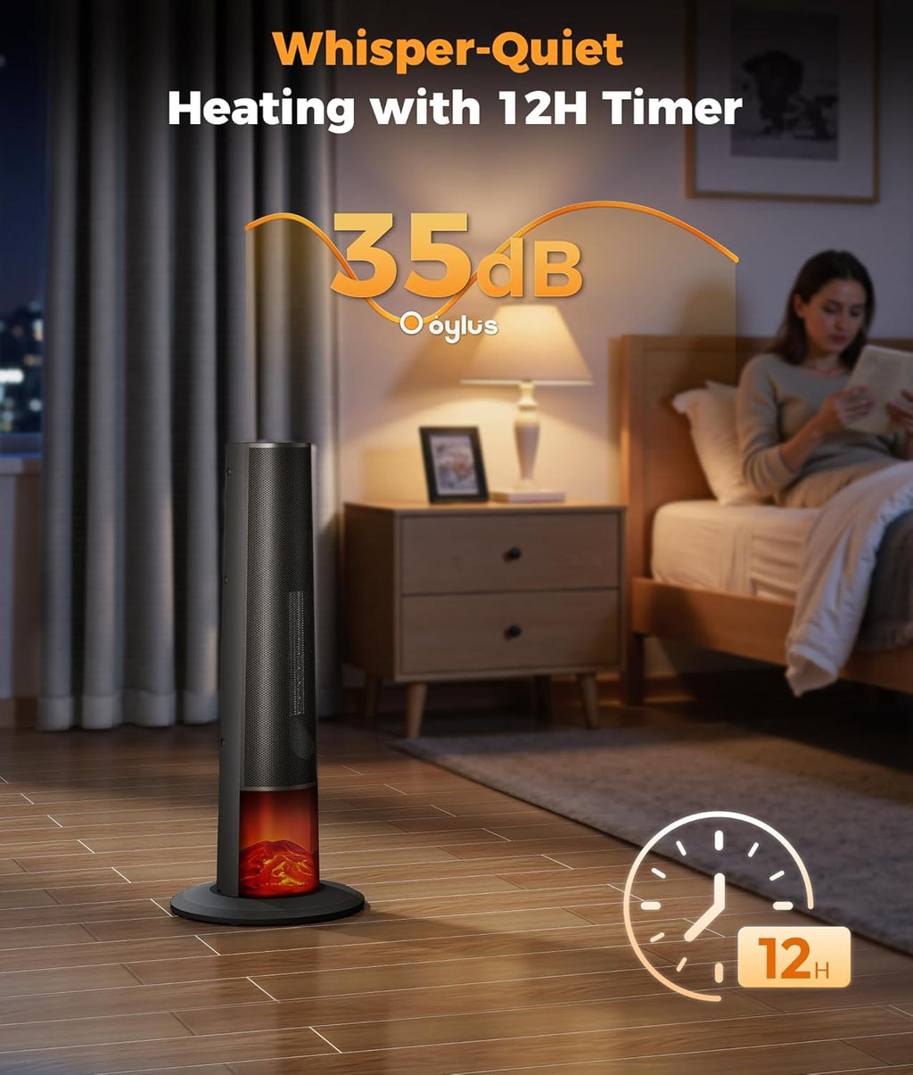 Tower Heater for Indoor Use - 25" Portable Space Heater with 3D Flame, Remote, Adjustable Thermostat, 2 Heat Modes, Multiple Safety Protection, 12H Timer, Quiet Electric Heater for Large Room