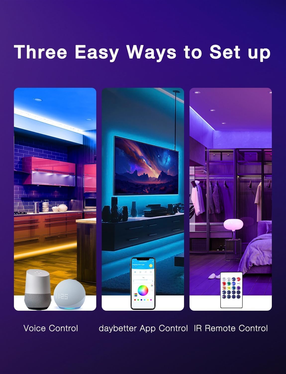 DAYBETTER Smart WiFi Led Lights 100ft - Led Strip Lights Work with Alexa and Google Assistant RGB Strip Lighting Music Sync Color Changing with App Voice Remote Control for Room Bedroom Decor 50ft*2