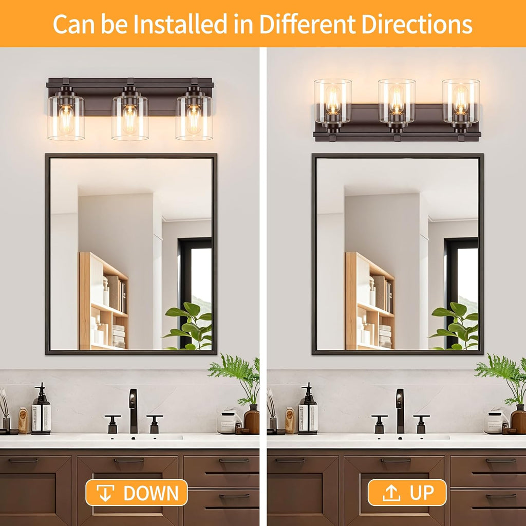 3 Light Modern Bathroom Light Fixtures Over Mirror, Bronze Finish Vanity Lights for Bathroom Wall Sconces with Clear Glass Shades, E26 Socket (Bulbs Not Included)