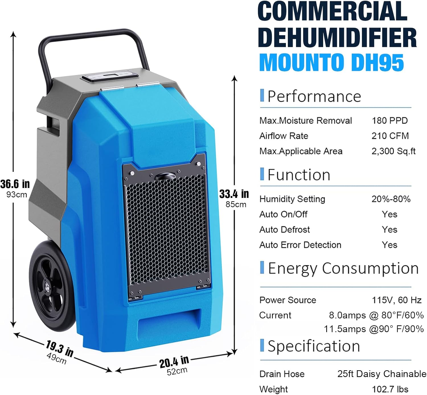 MOUNTO 180Pints Commercial Dehumidifier with Pump and Drain Hose, LGR Portable Dehumidifier with wheels for Home, Basements, Garages, and Job Sites.