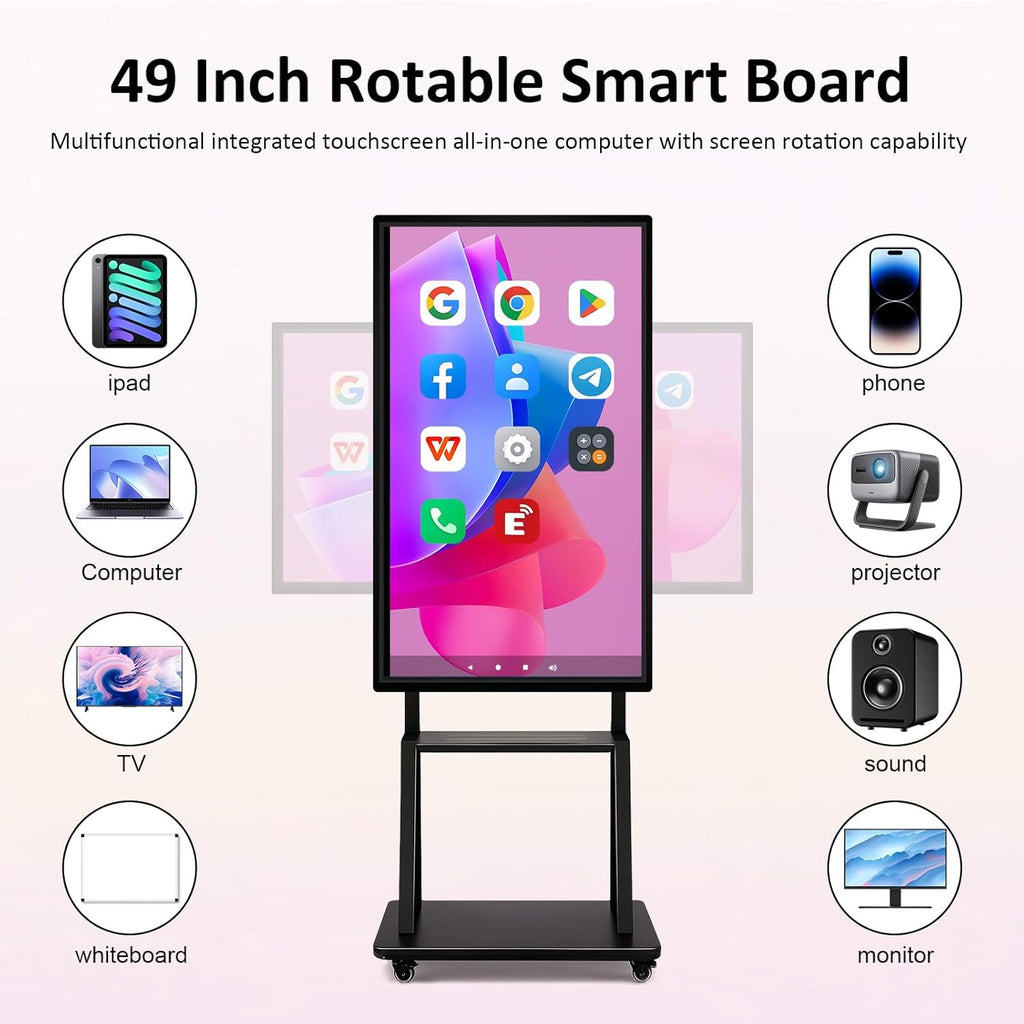 49" Smart Board, Electronic Interactive Smartboard for Classroom, Screen Mirroring, 8+64GB, Android iOS 14.0, Digital Whiteboard for Presention Annotation Live Streaming(Wall Mount Included)