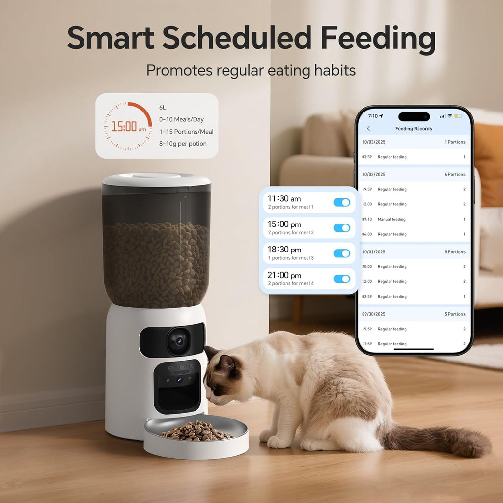 Automatic Cat Feeder with Dual 2K HD Camera, Smart Pet Food Dispenser for Timed Meals, APP Control Laser Interactive Toy Treat Feeders with 2.4G / 5G WiFi, White