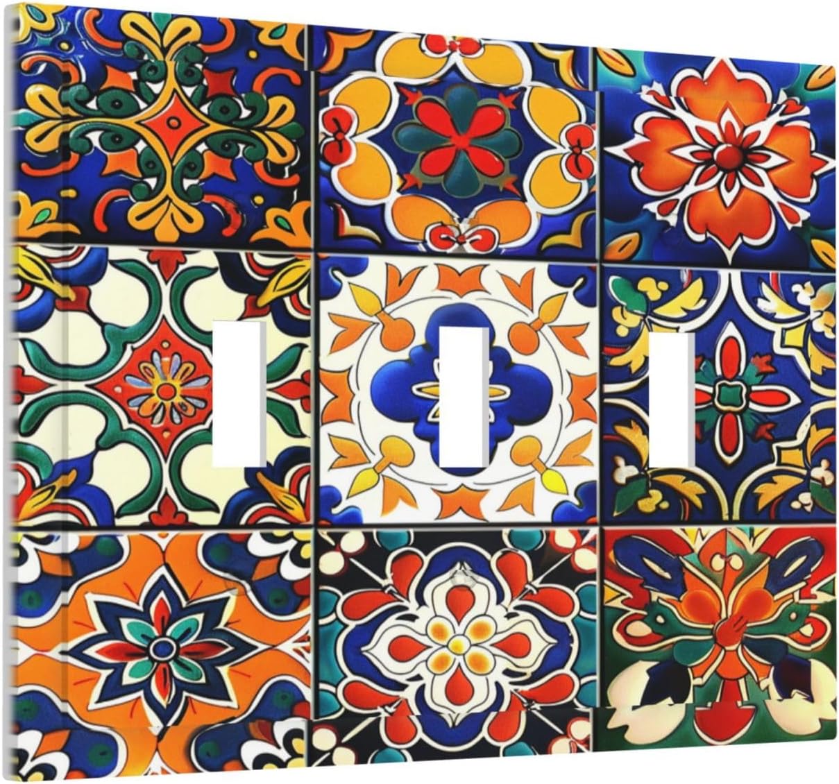 Decorative Switch Plates Colorful Mexican Talavera Vintage Boho Floral 3 Gang Wall Plate Triple Toggle Light Switch Cover Faceplate Electrical Wall Panels For Farmhouse Cabin Decor