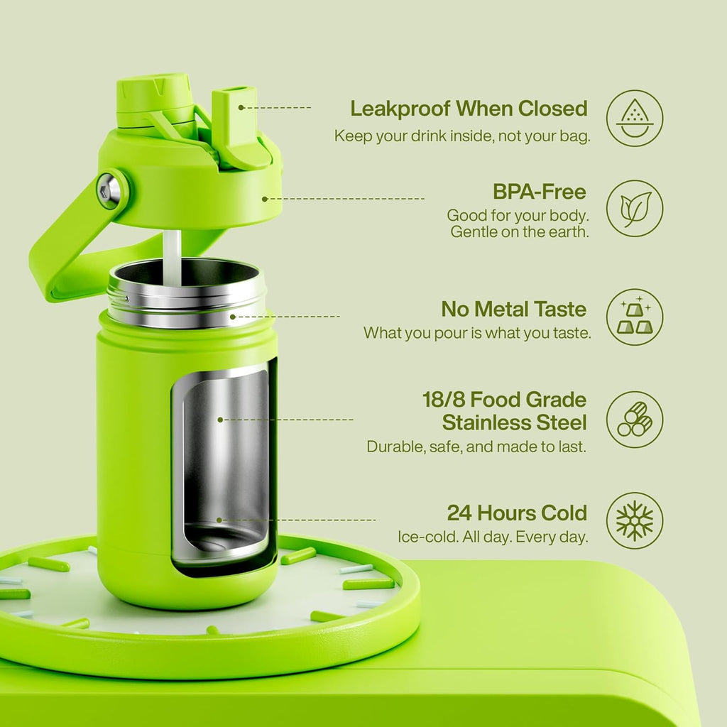 Kids Insualated Water Bottle with Straw - 12oz Stainless Steel Water Bottle with Dual Spouts, Leak-Proof, BPA-Free, Double Wall Vacuum Keeps Cold for 24 Hours for Sports, Travel, School (Sharp Green)