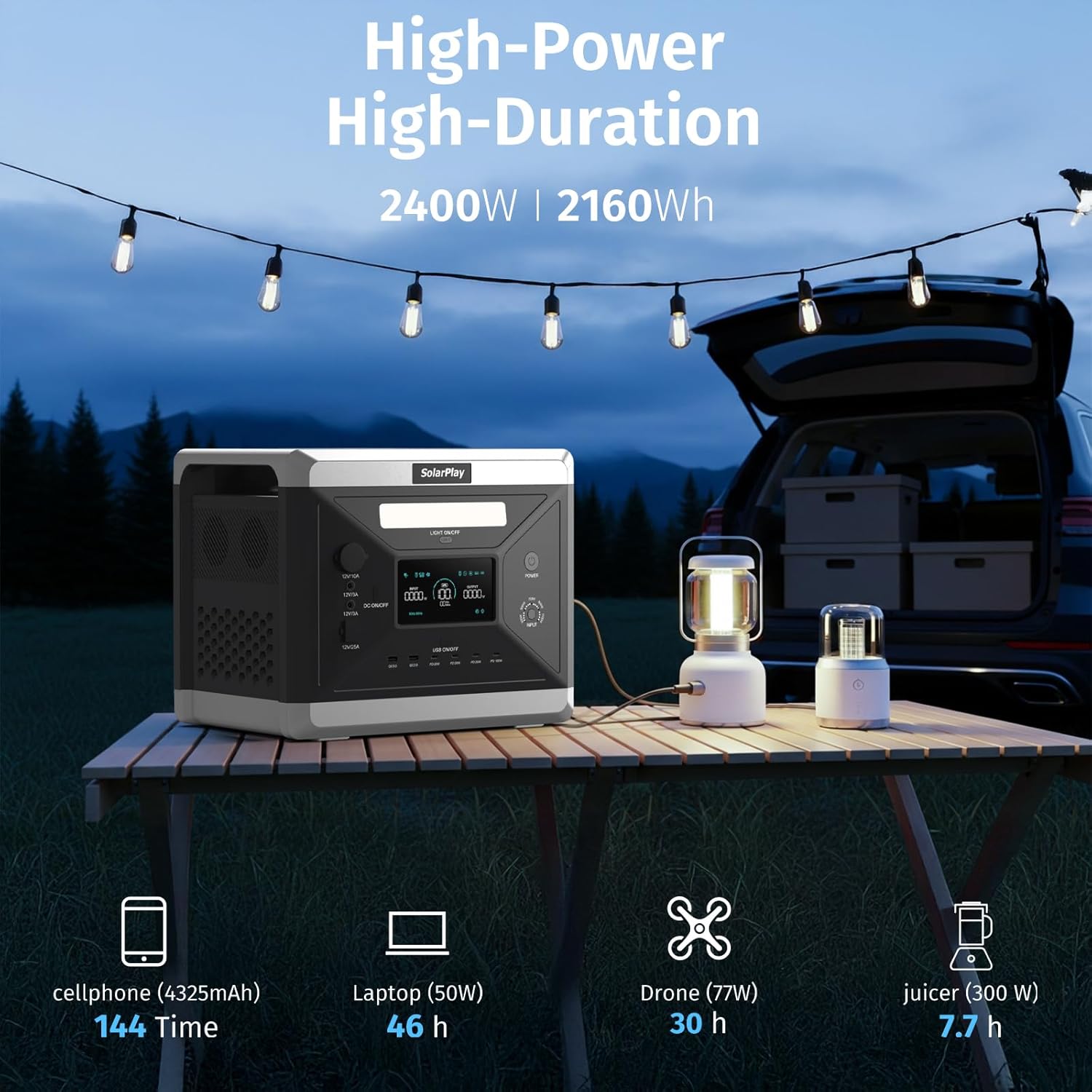 SolarPlay 2400W/2160Wh Portable Power Station, Solar Generator with 4 AC Outlets (4800W Peak), Power Station for Emergency Home Backup, Camping, Outdoor Battery Backup
