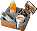 Couch Cup Holder Tray, Acacia Wood Couch Caddy With Cup Holder, Non-Slip Couch Organizer for Drinks, Snacks Remotes, Rounded Corners And Mug Slot Grey