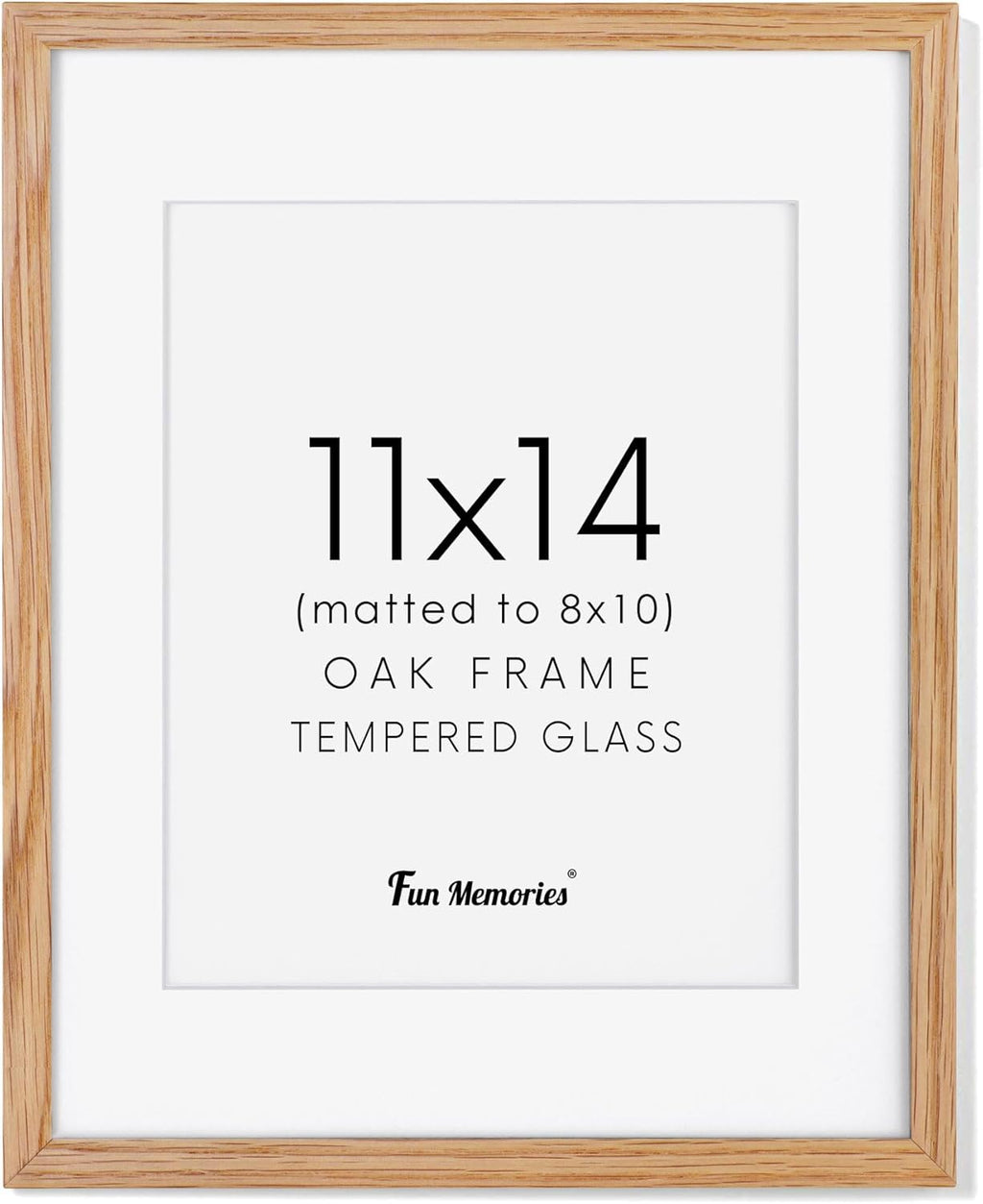 Fun Memories 11x14 Picture Frame, Solid Oak Wood 11 x 14 Photo Frames for Wall, 11 by 14 Frames with Tempered Real Glass, 11x14 Picture Frame with Mat for 8x10, Wooden Wall Gallery 11 x 14 Frame Set