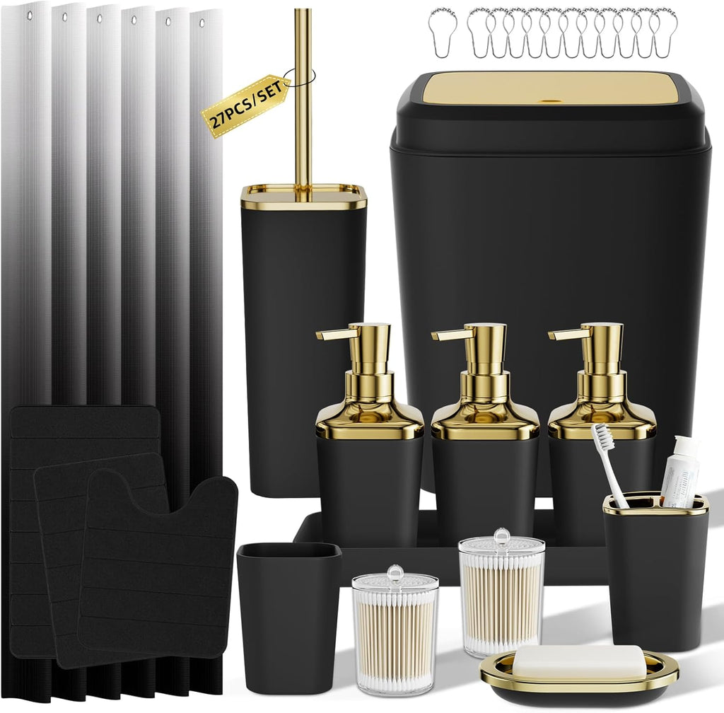 Bathroom Sets with Shower Curtain and Rugs, 27PC Bathroom Accessory Set, Black Bathroom Set, Black and Gold Bathroom Accessories Set with Trash Can, Toilet Brush and Soap Dispensers