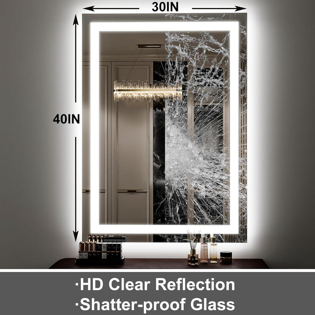 GLSLAND 30"x40" LED Bathroom Mirror with Lights, Dimmable Front and Backlit Vanity Mirrors, Wall Mounted Anti-Fog Lighted Mirror, Horizontal/Vertical Hanging
