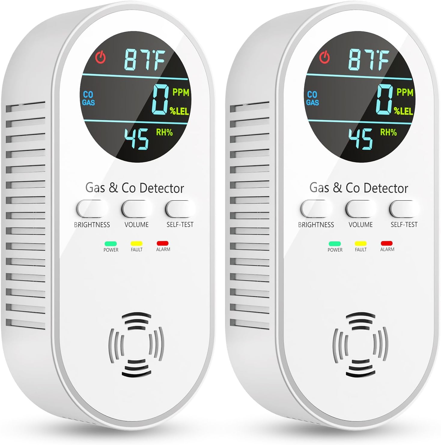 5-in-1 Carbon Monoxide Detectors, Natural Gas Leak Detector, Plug-in & Battery Backup Co Detector, HD Digital Display, CO Gas Temp Humidity Sensor, 2-Pcs, White