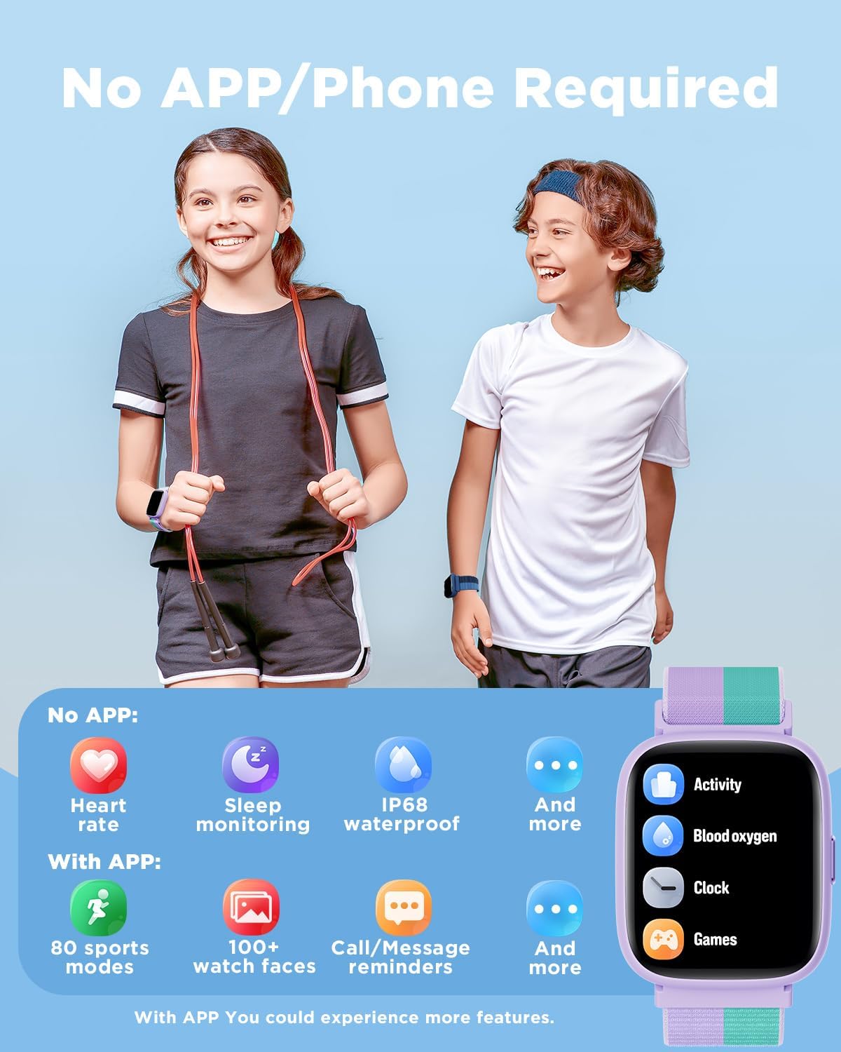 BIGGERFIVE Smart Watch for Kids, 1.8" Fitness Tracker Watch Pedometer, Heart Rate, IP68 Waterproof, Sleep Monitor, Calorie Step Counter, 5 Puzzle Games with/Without APP for Girls Teens 5-16, Nylon