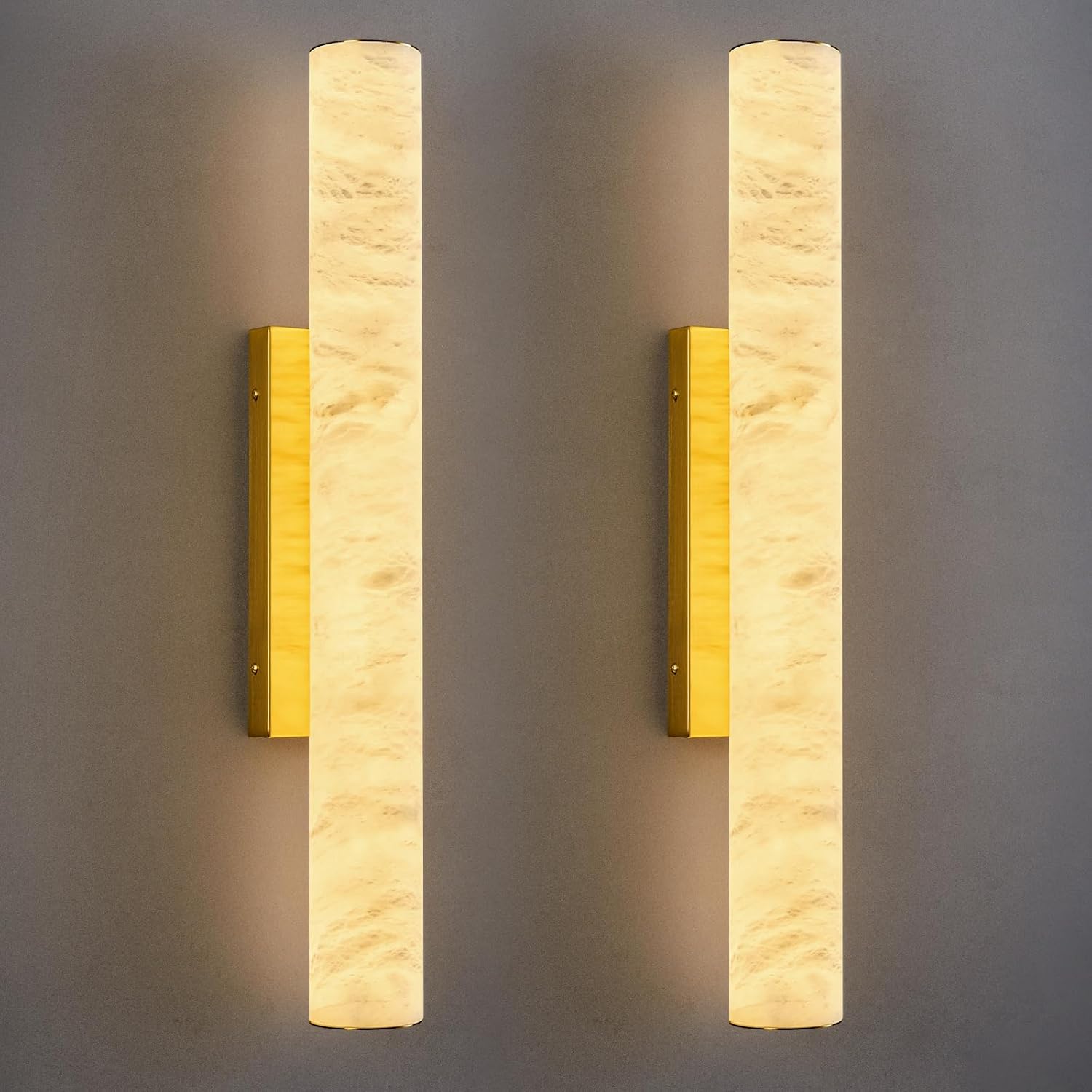 LMQNINE Natural Alabaster Wall Sconces Set of Two Spanish Marble Wall Light Cylinder Modern Gold LED Sconce for Living Room Bedroom Bathroo Stairs（M-2Pack）
