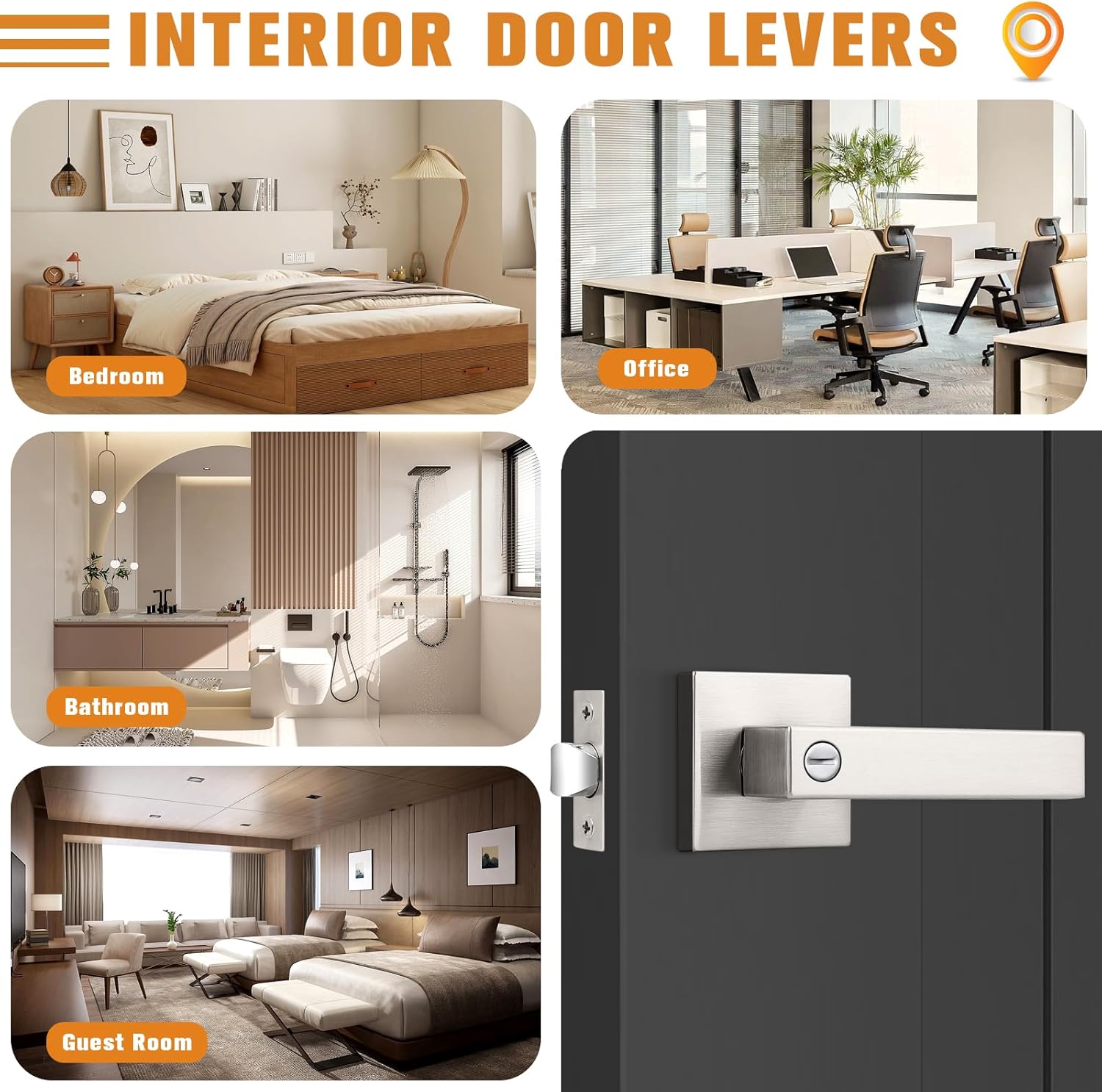 Probrico Interior Brushed Nickel Door Handle, Heavy Duty, Flat Square Privacy Door Handles, Keyless Door Levers Lockset for Bedroom and Bathroom, 8 Pack
