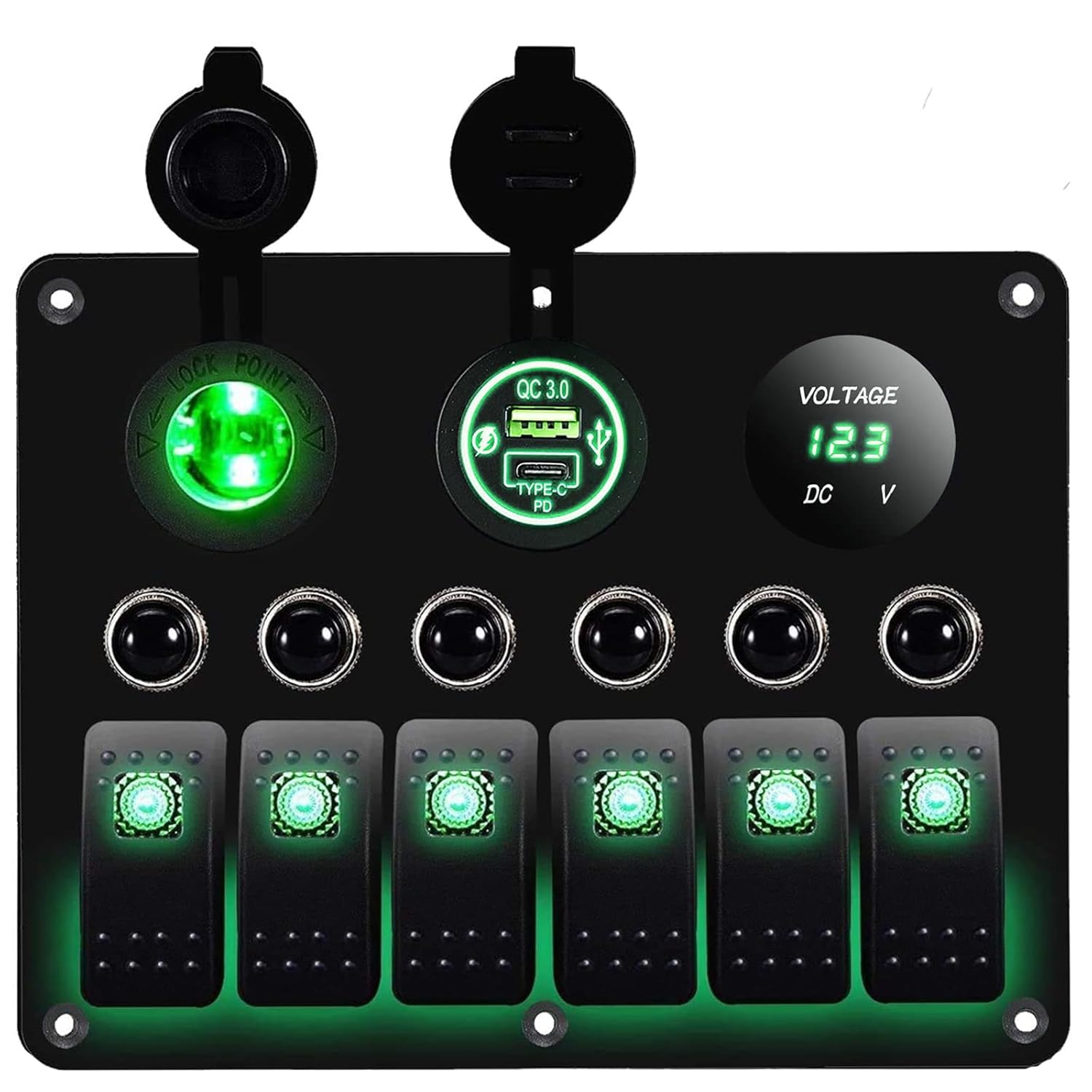 MKING 6 Gang Marine Switch Panel - Waterproof Rocker Switches with USB & Type-C Charger, Circuit Breaker, Digital Voltmeter, and Power Socket, Compatible with 12V-24V Vehicles