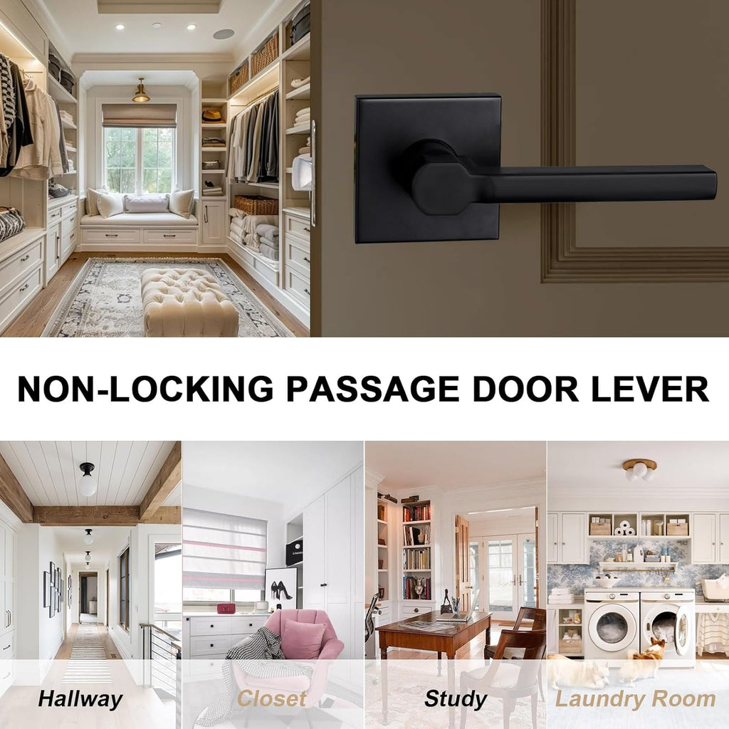 Passage Door Lever (No Lock), Heavy Duty Interior Square Handle for Hallway and Closet, Matte Black, Reversible for Right&Left Handed, 2Packs