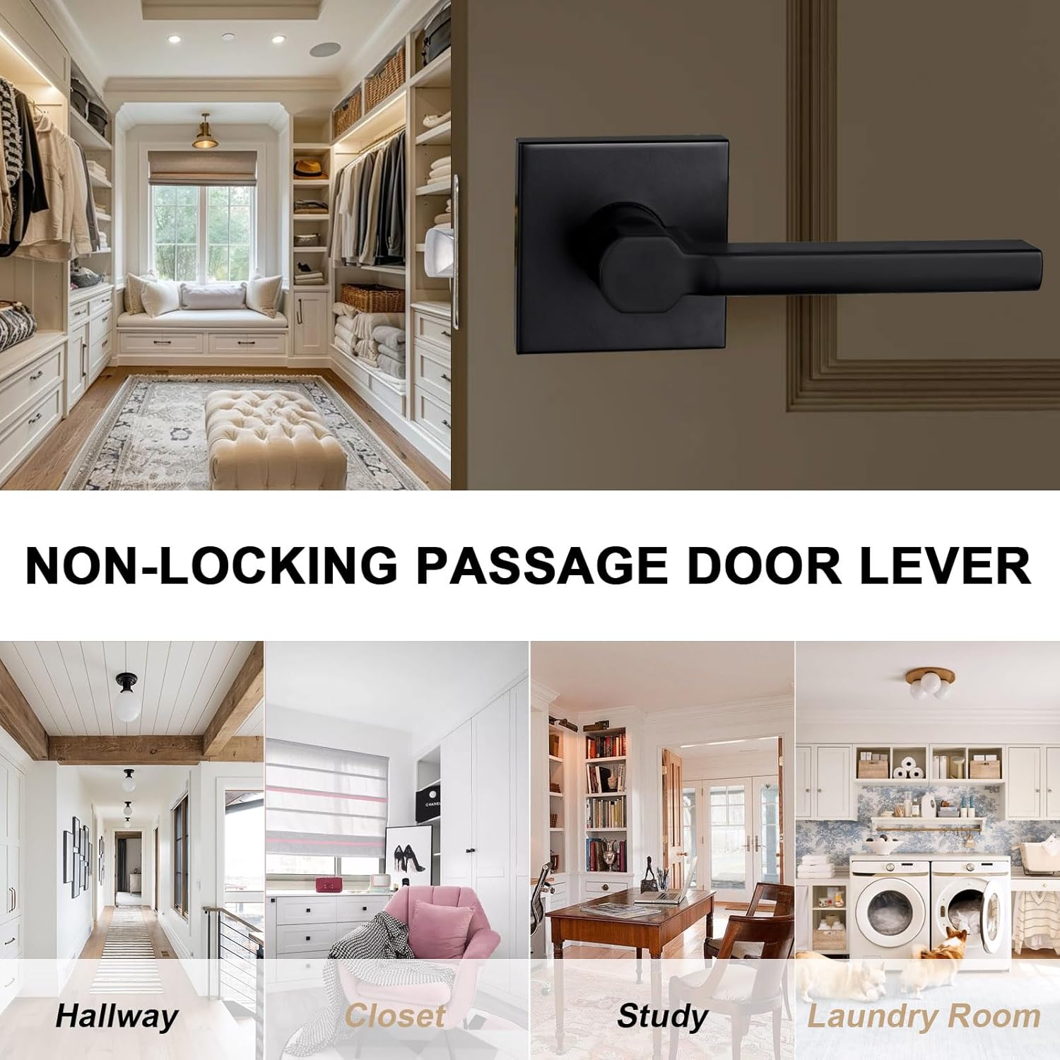 Passage Door Lever (No Lock), Heavy Duty Interior Square Handle for Hallway and Closet, Matte Black, Reversible for Right&Left Handed, 10Packs