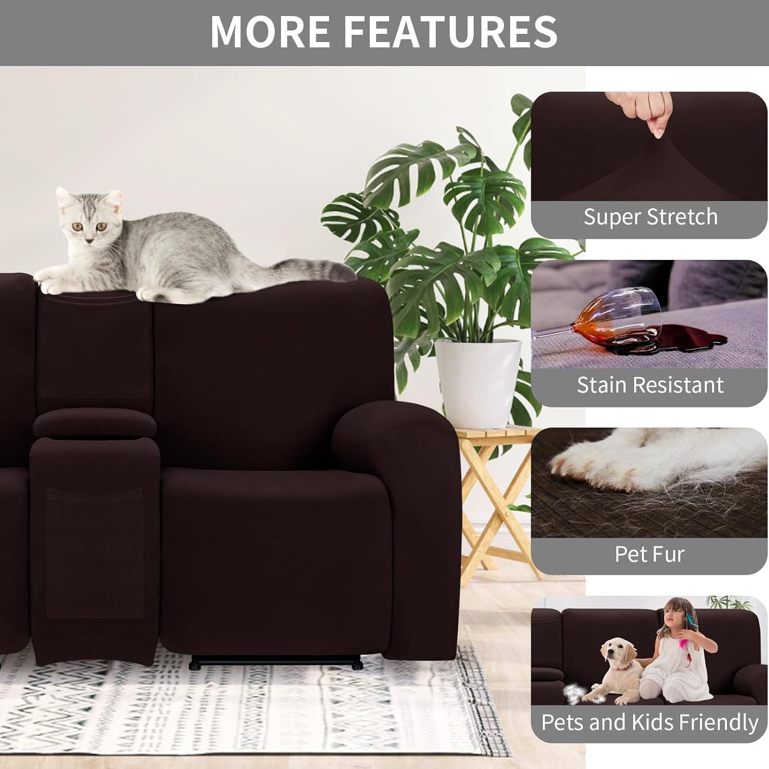 Easy-Going 100% Waterproof Recliner Console Cover, Stretch Middle Console Couch Covers for Reclining Sofas, Sectional L-Shape Furniture Protector for Kids & Pets, 1 Console Cover, Chocolate