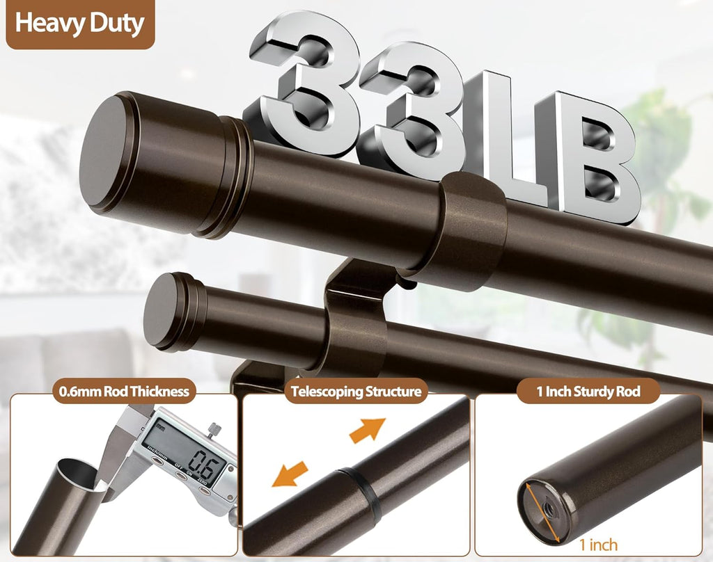 Double Curtain Rod 66 to 120 Inch, HOTOZON 1 Inch Heavy Duty Double Curtain Rods for Windows 54 to 116 Inches(4.5-9.6 ft), Telescoping Drapery Rod with Simple End Finials, Bronze
