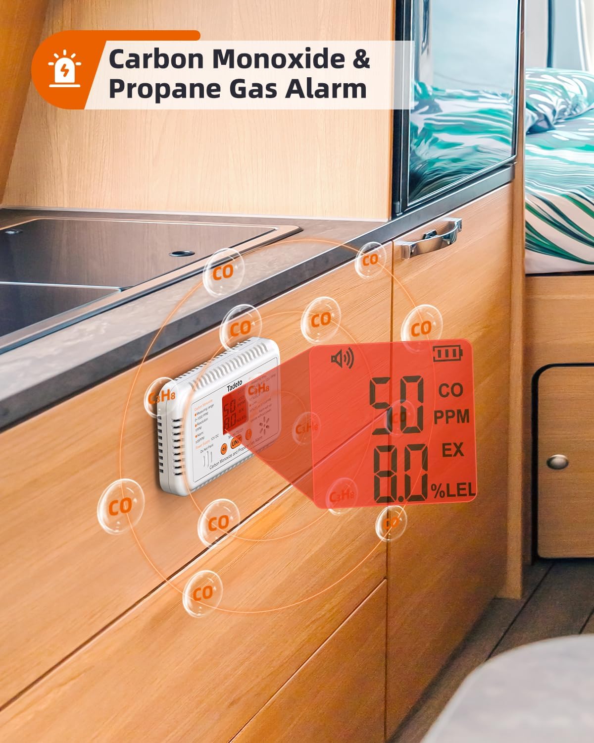 Tadeto RV Carbon Monoxide and Propane Gas Alarm, 12V DC Hardwired CO/LPG Gas Leak Alarm with Light and Audible Indicator, RV Propane Detector with Reset/Backlight for RV/Trailer/Camper