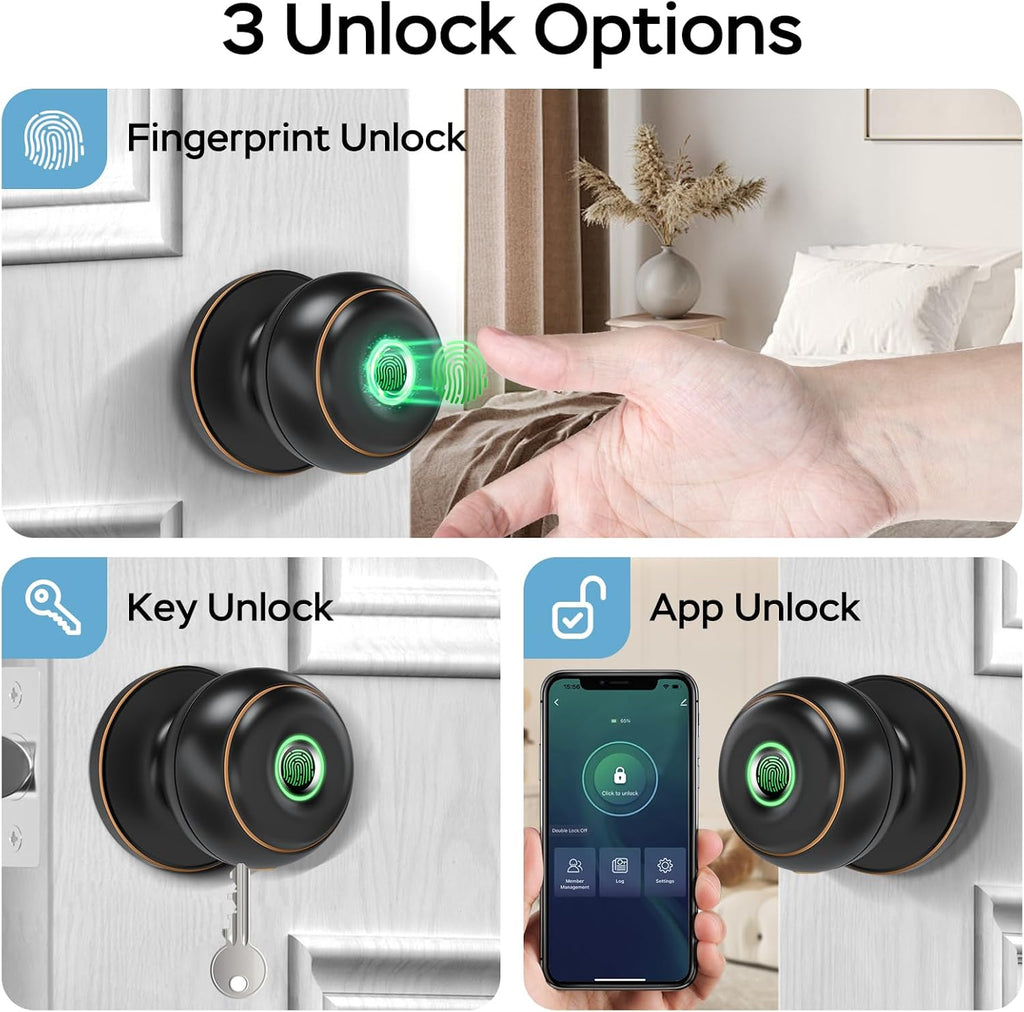 GeekTale Fingerprint Door Lock for Bedrooms, Fingerprint Door Knob with Lock, Smart Door Lock, App Control, Back-up Keys, Thumbprint Door Knob for Bedrooms, Office, Apartment