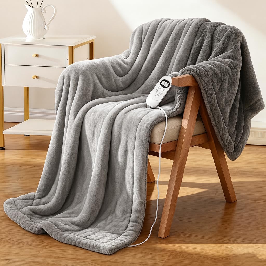 Electric Heated Blanket Throw 50''x60'' – Soft Dual-Sided Flannel, 12 Heat Settings, Smart Timer, ETL & FCC Certified, Machine Washable (Deep Gray & Light Gray)