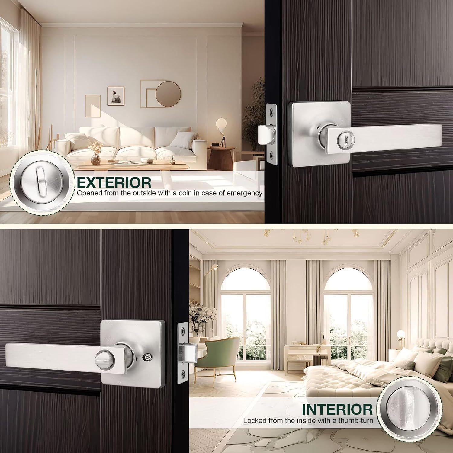GOBEKOR 8 Pack Interior Door Handles Brushed Nickel Privacy Door Levers Square Bedroom Door Handles with Lock Privacy Door Levers Bathroom Lever
