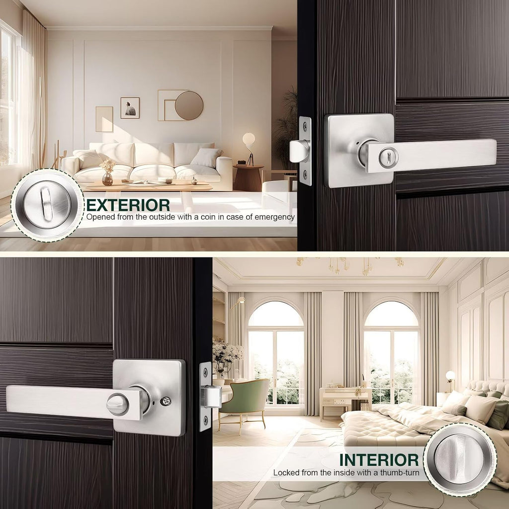 GOBEKOR 10 Pack Privacy Door Handles with Lock, Brushed Nickel Interior Keyless Lever for Bedroom and Bathroom