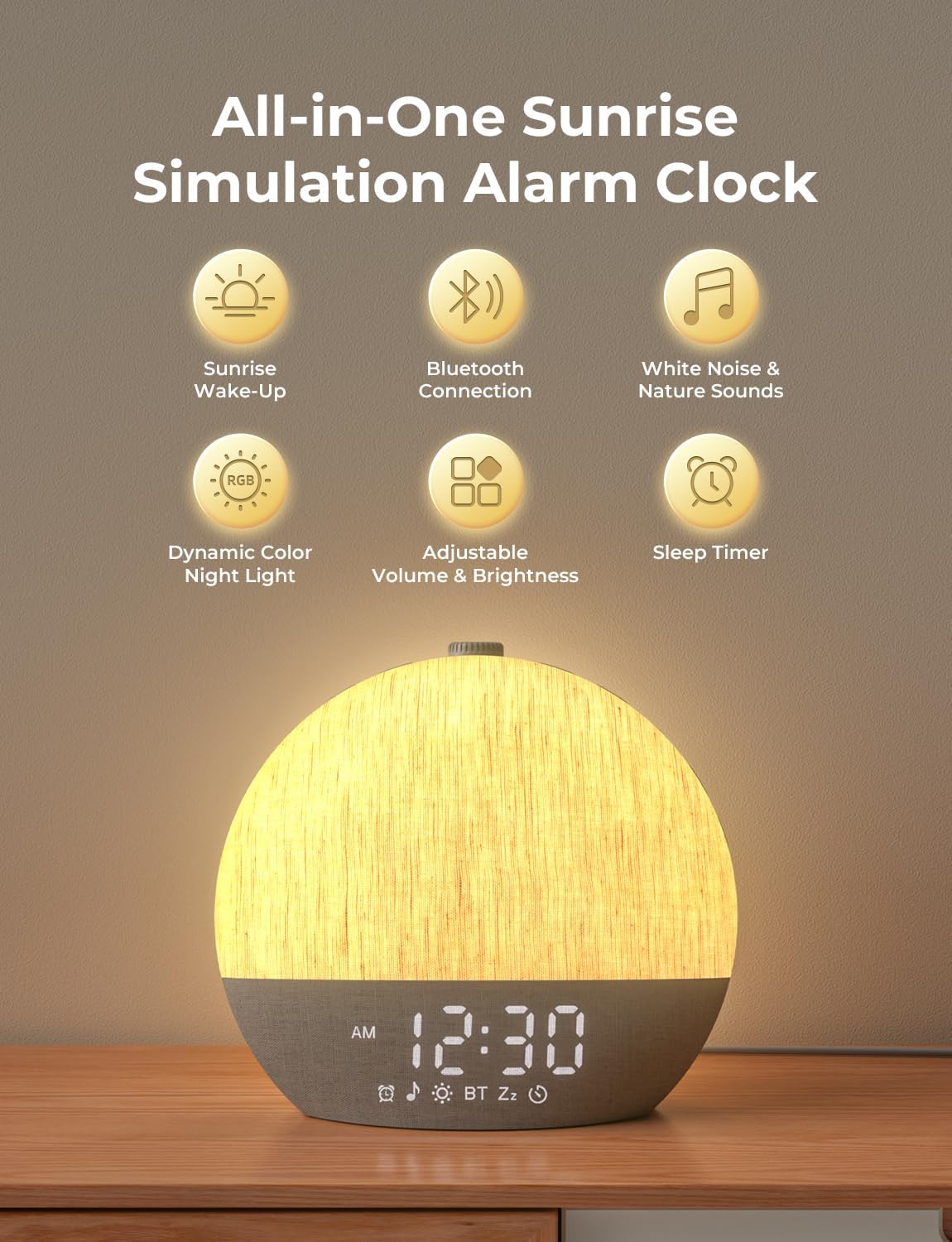 LIORQUE Sunrise Alarm Clock, Digital Alarm Clocks Bedside, 30 Sleep Sounds, Sleep Timer, Adjustable Volume & Brightness,Screen Free Design, Bluetooth, Wake up Light with White Noise for Heavy Sleepers