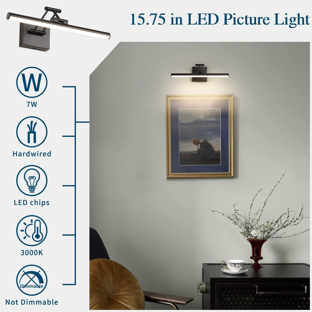 Joossnwell Modern Picture Light Black LED Picture Frame Lights for Paintings Hardwired 110V Gallery Light Artwork Lighting with Adjustable Swing Arm Art Display Lamp 15.5 Inch 7W Warm White