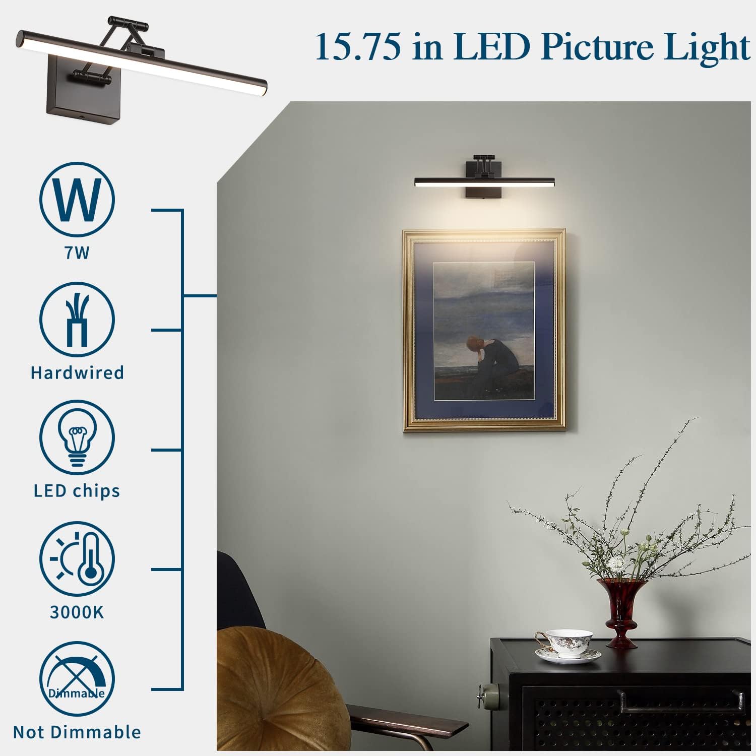 Joossnwell Modern Picture Light Black LED Picture Frame Lights for Paintings Hardwired 110V Gallery Light Artwork Lighting with Adjustable Swing Arm Art Display Lamp 15.5 Inch 7W Warm White