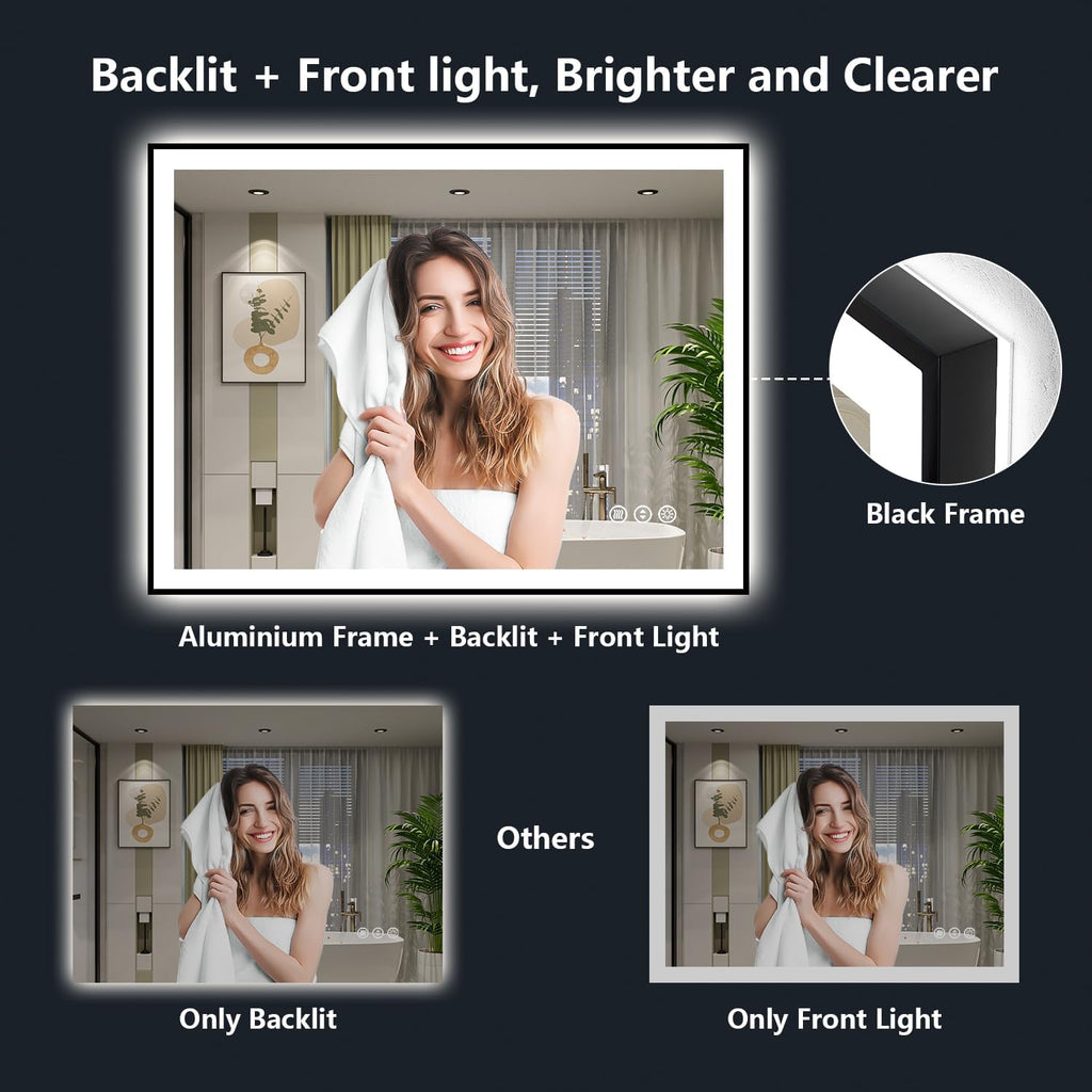 40x32 Inch LED Bathroom Mirror with Lights (Front Lit and Backlit) Black Framed Lighted Vanity Mirror for Bathroom Wall Dimmable Anti-Fog Memory Tempered Glass Horizontal/Vertical