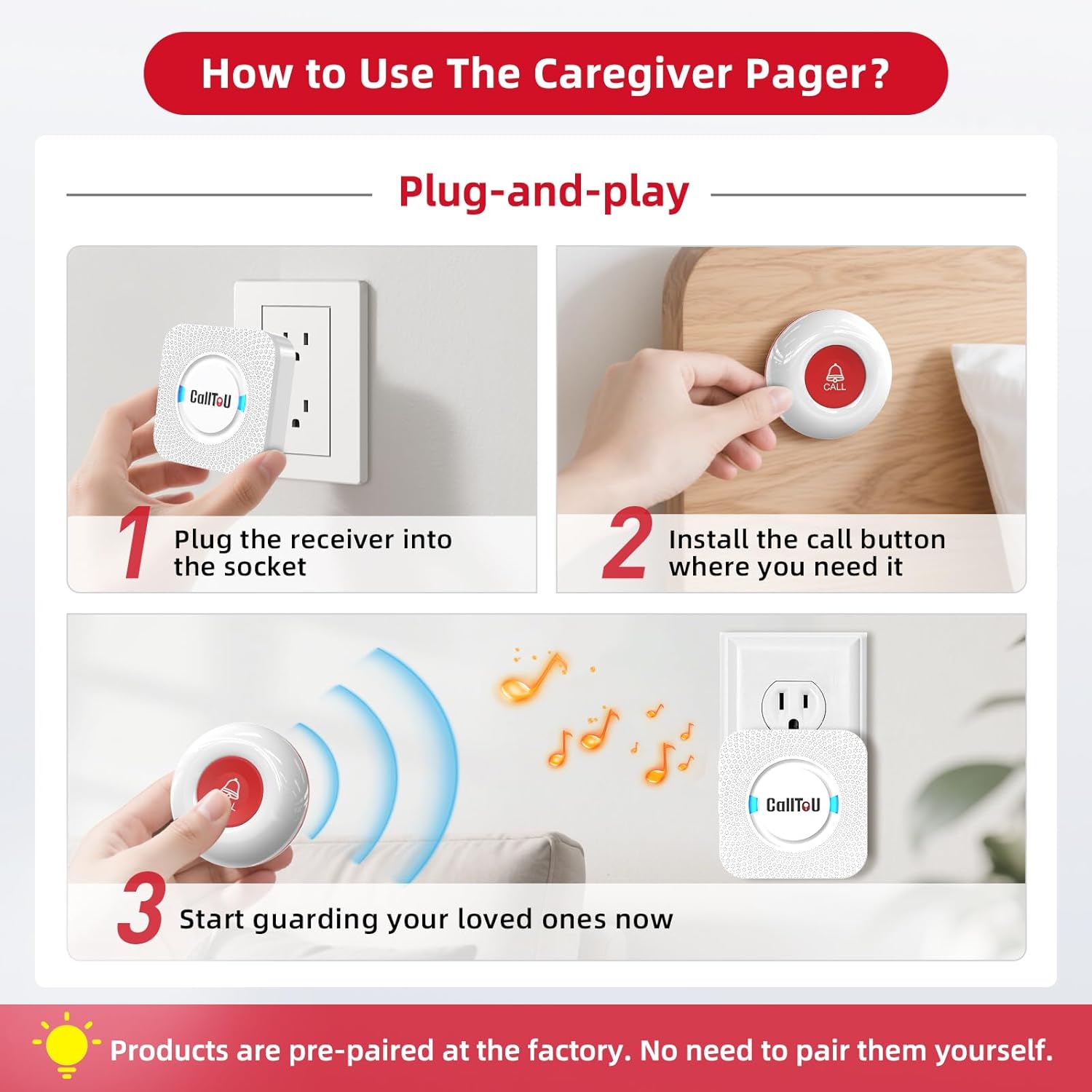 CallToU Wireless Caregiver Pager Call Button Call Bell Medical Alert System for Seniors Patients Elderly at Home 2 Waterproof Transmitters 3 Plugin Receivers