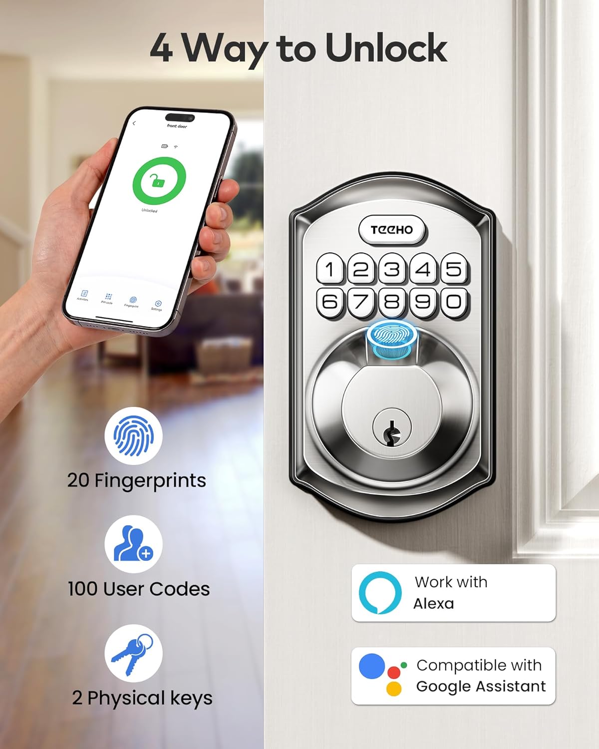 TEEHO TE012W WiFi Smart Lock, Fingerprint Door Lock with Built-in Wi-Fi, Keyless Entry Keypad Smart Deadbolt, App Remote Control, Alexa Compatible, IP55 Waterproof for Front Door – Satin Nickel