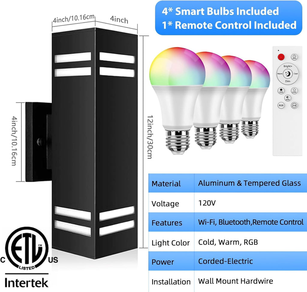 SHIMR Smart Outdoor Lights Color Changing 2 Pack, RGB+2700K-6500K Outdoor Wall Sconce Square Aluminum Exterior Lighting Fixtures Waterproof, APP Control Up and Down Lights [ETL Listed]