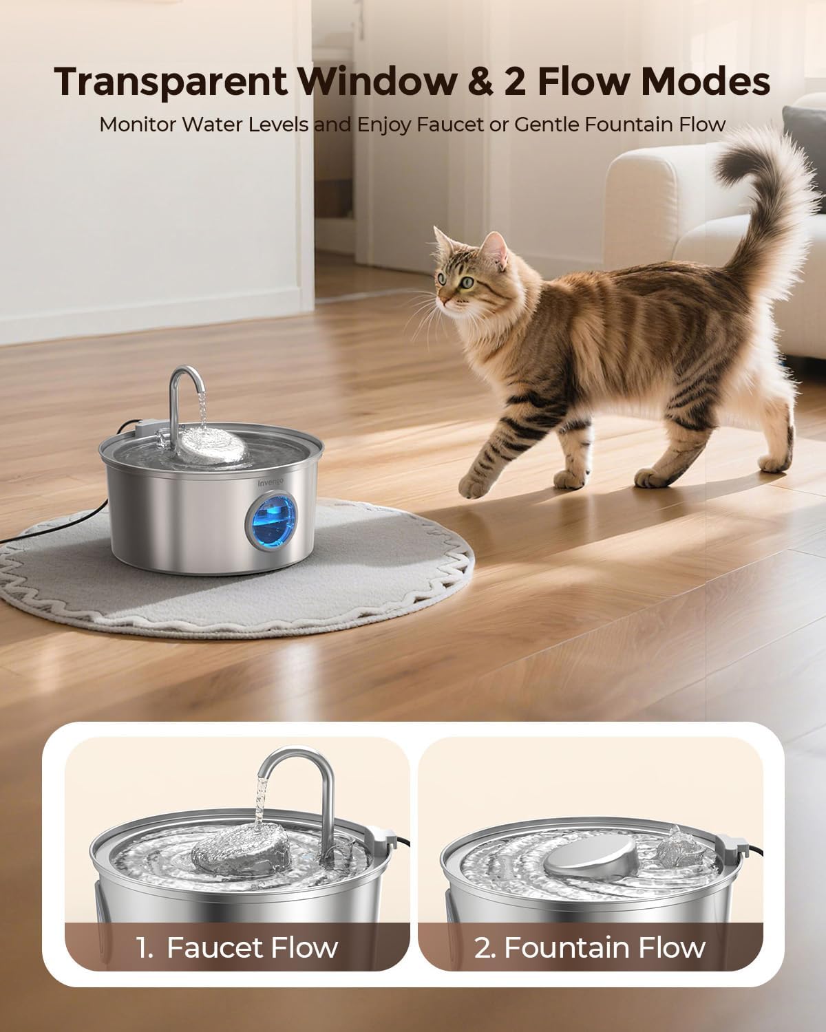 Cat Water Fountain Stainless Steel, 3.2L/108oz Pet Drinking Fountain for Cats Dogs, Automatic Cat Fountain with 2 Flow Modes, Splash-Proof Bowl, Includes 4 Replacement Filters
