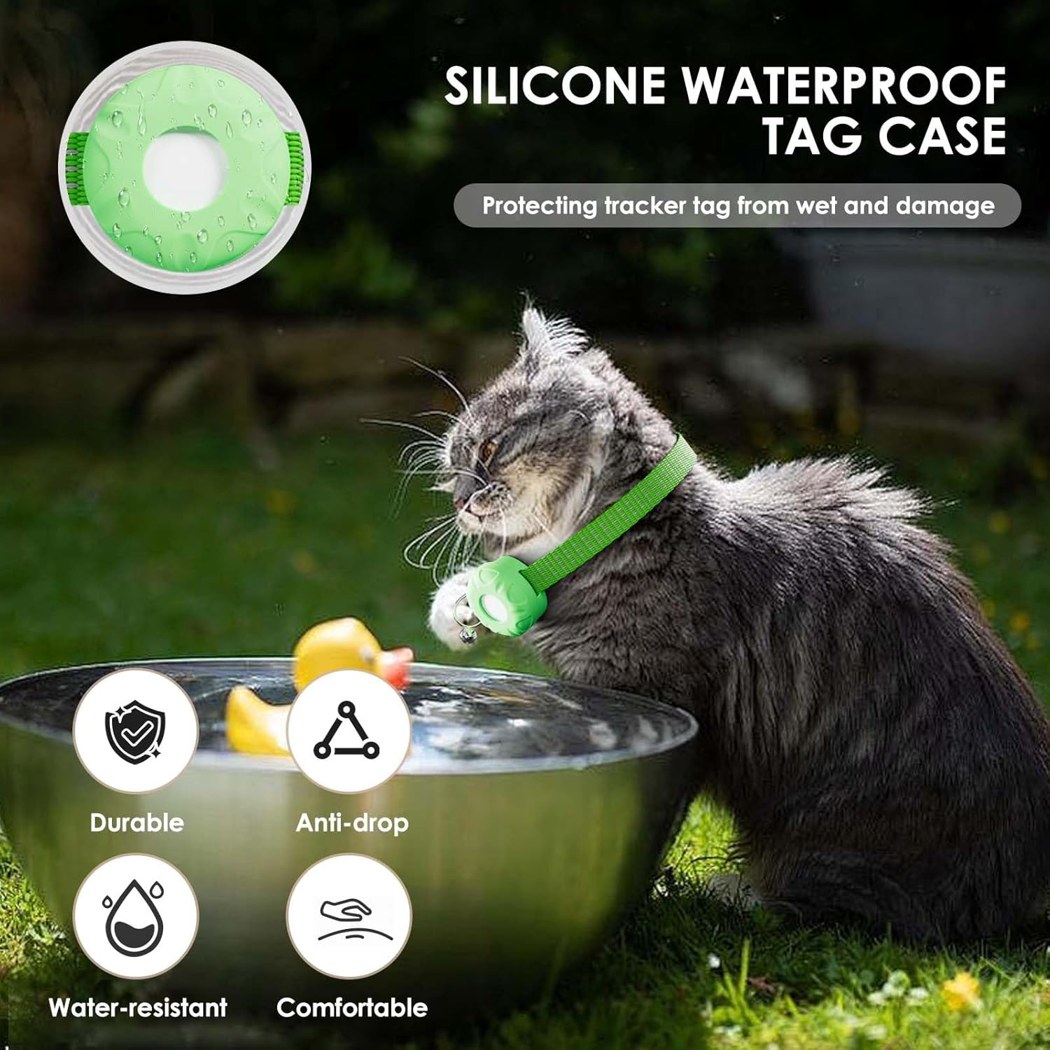 Cat Tracker, Waterproof Pet Tracker for Cats, Cat GPS Tracker Collar with Safety Elastic Buckle, Compatible with Apple Find My App (Only iOS), No Monthly Fee, Light Green