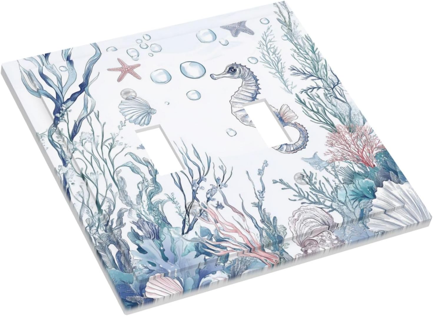 Decorative Switch Plates Ocean Coral Seahorse Seashell Starfish 2 Gang Double Toggle Outlet Light Switch Cover Wall Plate Electrical Faceplate For Bathroom Home Decor