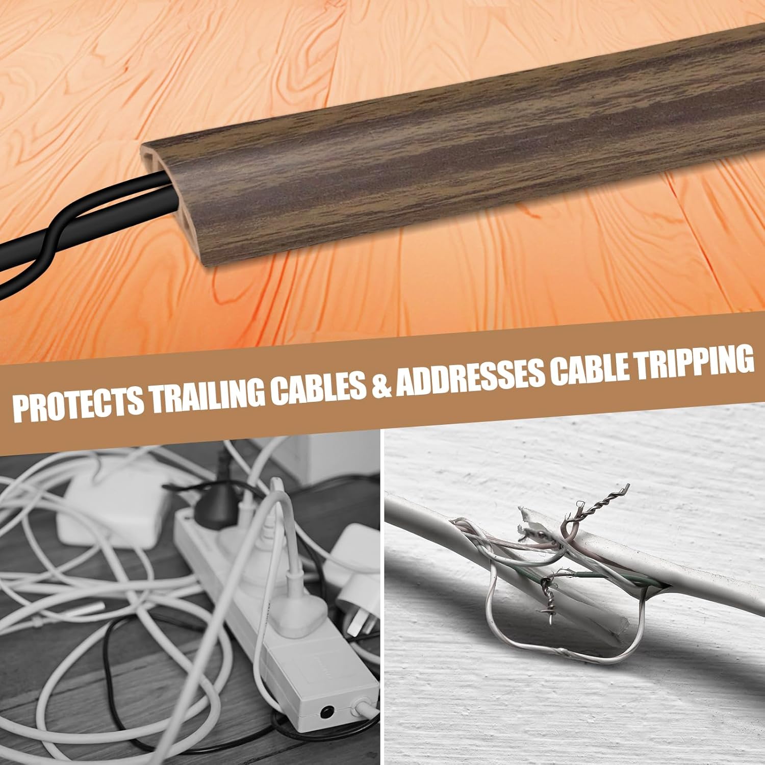 Floor Cord Cover Self Adhesive Cord Hider,10FT Cable Management, Extension Strip Protector for Wires, Prevent Cable Trips for Offices, Gyms, Exhibitions Cavity:0.47"(W) x 0.35"(H) Wood Walnut