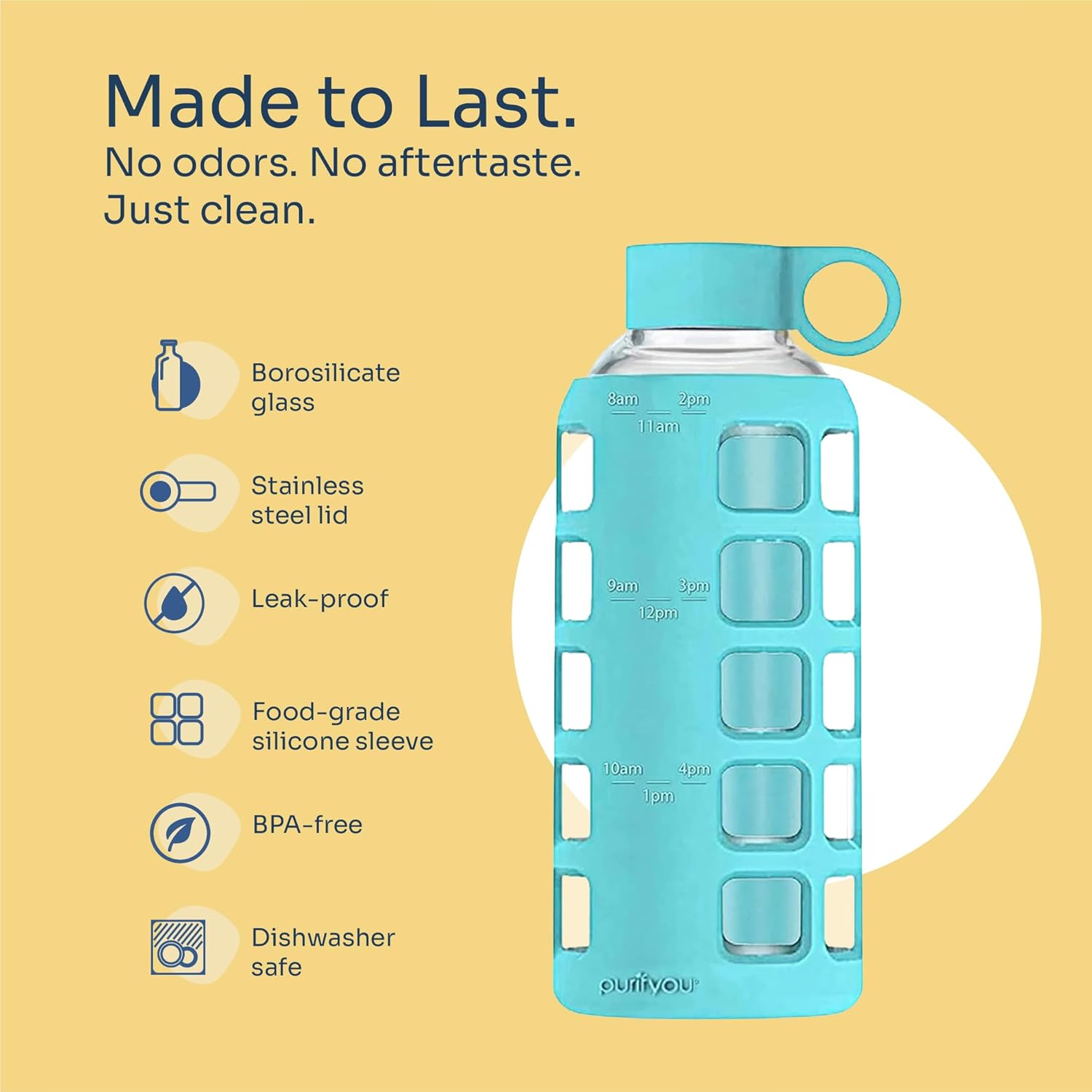 purifyou 40oz / 32oz / 22oz / 12oz Borosilicate Glass Water Bottle with Time & Volume Markers, Silicone Sleeve, Stainless Steel Lid | Reusable Glass Bottle for Water & Juice (22oz Aqua Blue)