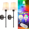 Depuley Battery Operated Wall Sconce: Rechargeable Wall Lamp Set of 2 with Remote and Dimmable Bulb for Home Decor - Wireless Wall Lights with 15 Colors for Bedroom E26 Base Fabric Shade Black