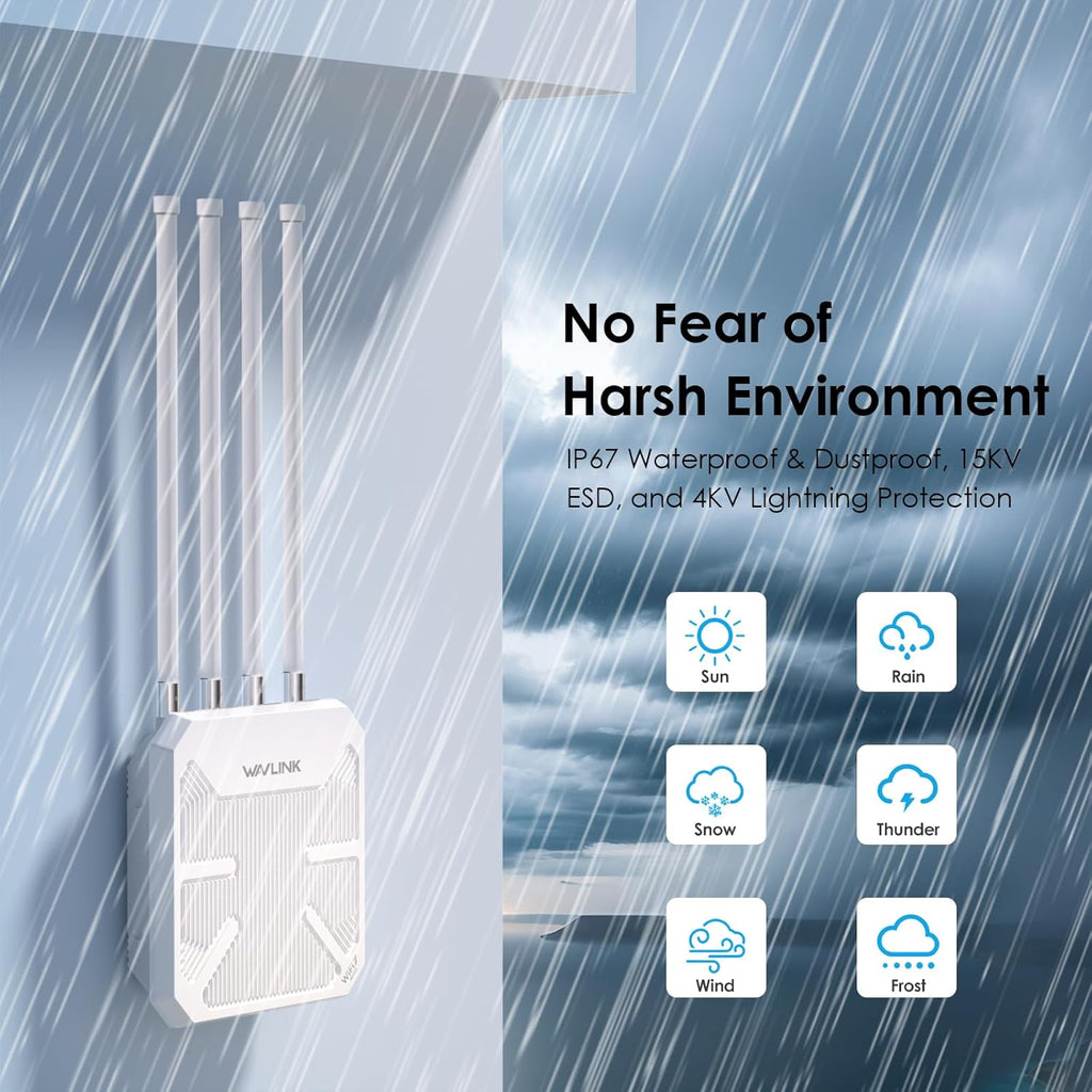 WAVLINK WiFi 7 BE5100 Outdoor WiFi Extender, Dual Band Long-Range Outdoor WiFi Repeater|Access Point|Mesh Router, POE Powered | IP67 Waterproof | 4 x 8dBi Antennas, 2.5 Gbps Ethernet, Up to 300M