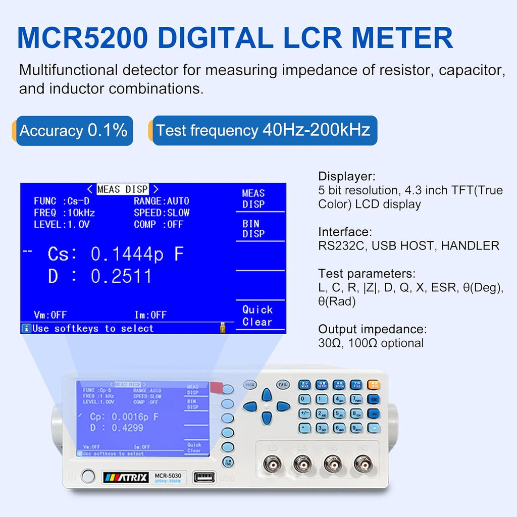 MATRIX MCR5200 Benchtop LCR Meter, 40Hz-200kHz 0.1%, Digital LCR Bridge Measures Inductance/Capacitance/Resistance, USB/RS232C, Calib-Clear, Data Save