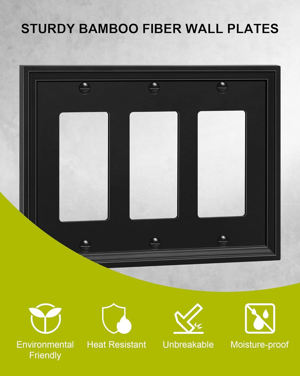 2-Pack Triple Decorator Outlet Cover Plate, Black Decorative Switch Plates and Outlet Covers, Natural Bamboo Fiber Wall Plates for Electrical Outlets, Receptacle, GFCI Outlet, Dimmer Switch