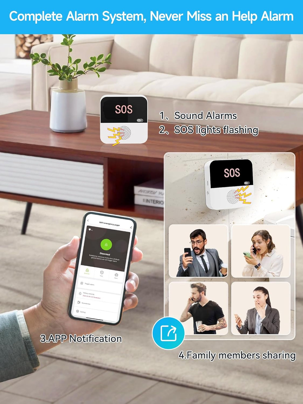 3 Pack Wireless Caregiver Call Button for Elderly at Home, WIFI Panic Button, Help Button, Alarm for Senior Citizens w Sound Light Alarm, App Alert, Emergency Response Button, Caregiver Pager