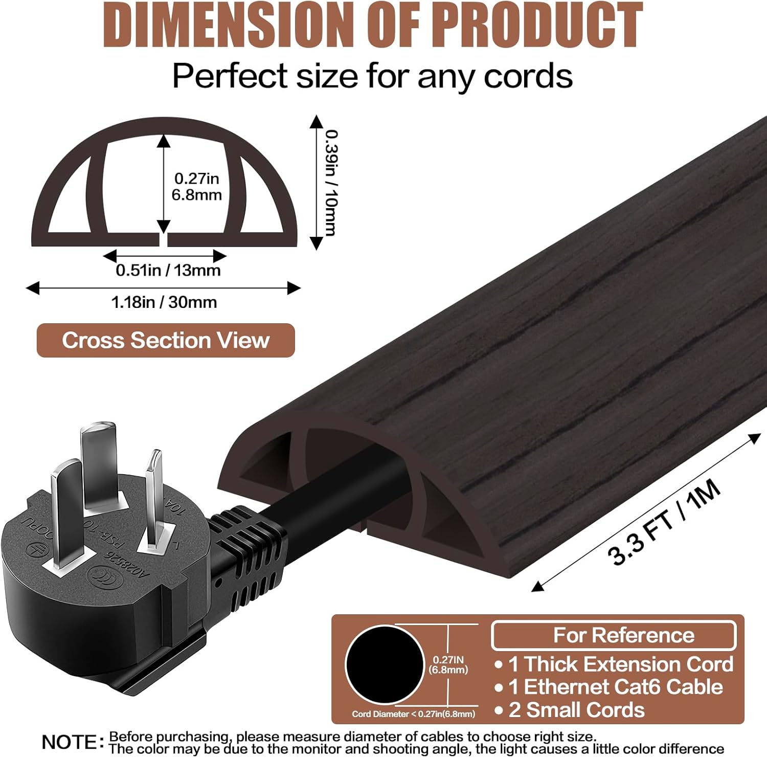 Floor Cord Cover Self Adhesive Cord Hider,3.3FT Cable Management, Extension Strip Protector for Wires, Prevent Cable Trips for Offices, Gyms, Exhibitions Cavity:0.39"(W) x 0.27"(H) Black Wood