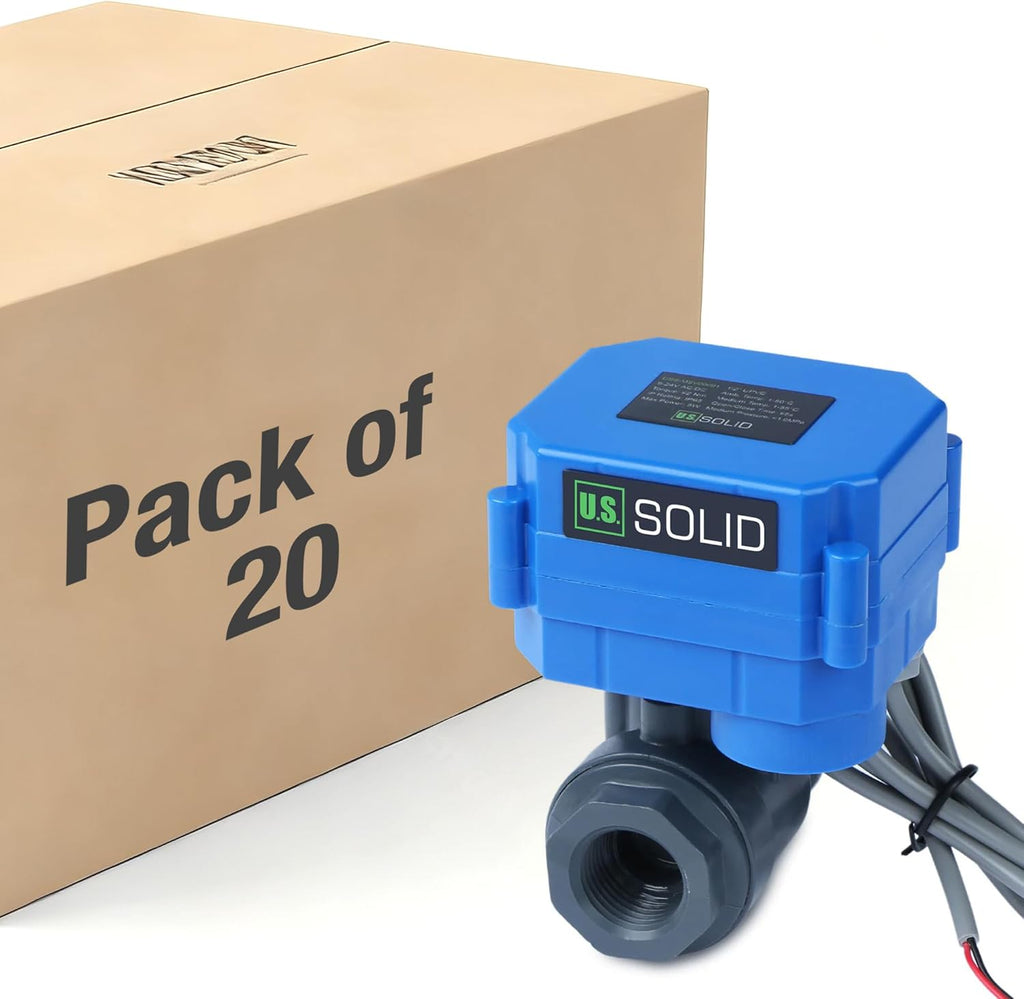 U.S. Solid 1/2” UPVC Motorized Ball Valve - Plastic Electrical Ball Valve with Full Port, 2 Wire Auto Return, 9-36V AC/DC, Normally Closed(Pack of 20)