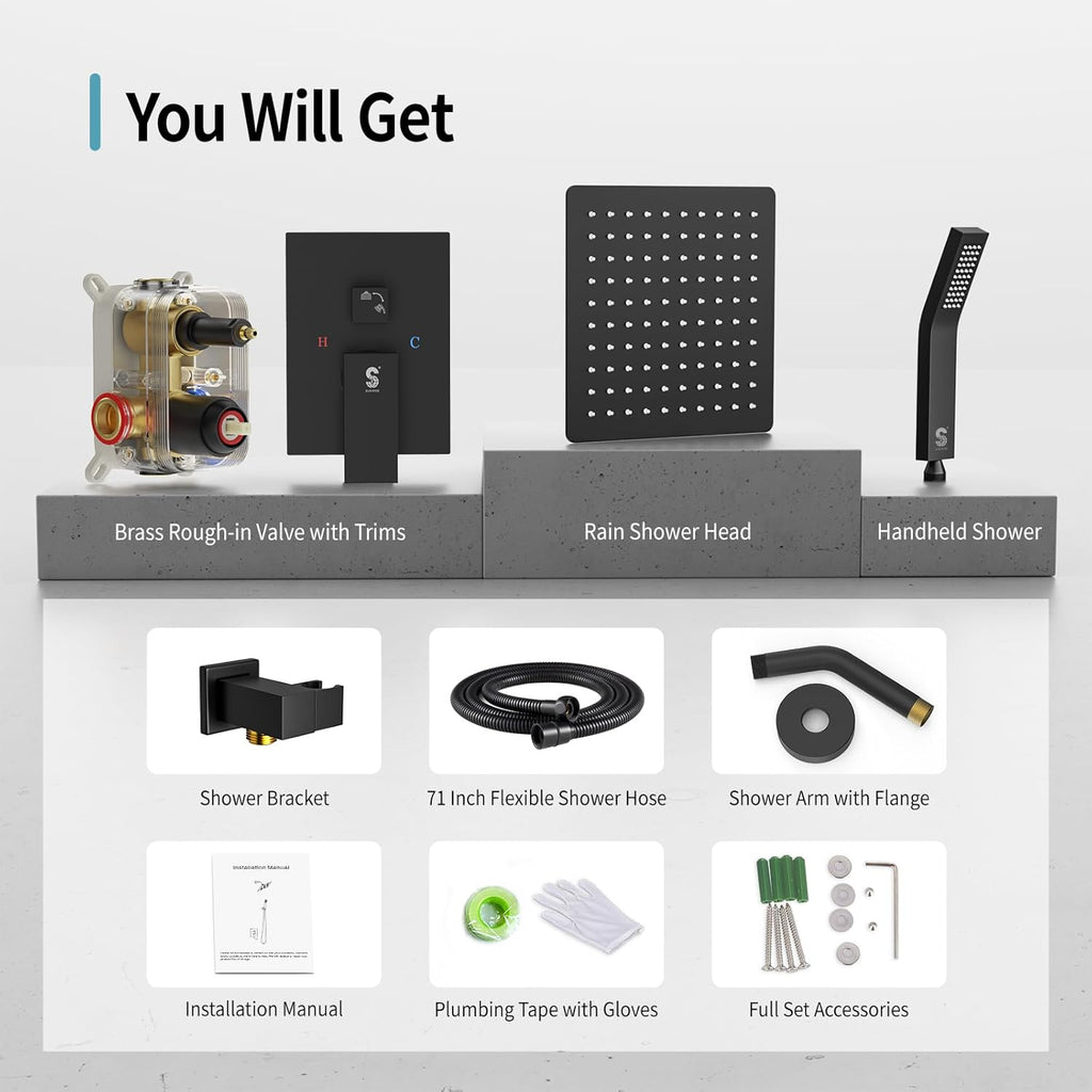 SR SUN RISE Shower Faucet - 8 Inch Shower System with Rain Shower Head and Handheld Spray - Shower Faucet Trim Repair Kits with Diverter Valve - All Metal Shower Set - Matte Black