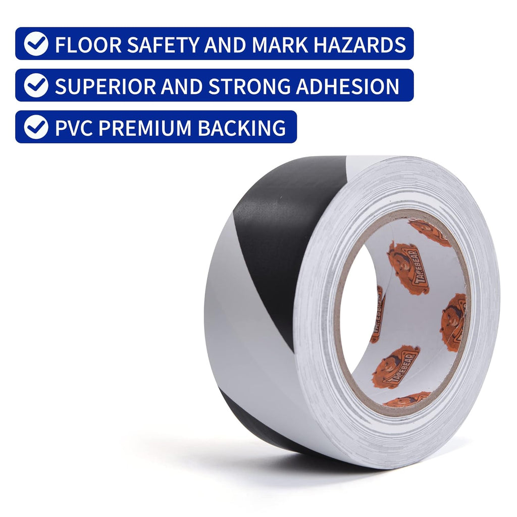 TAPEBEAR Hazard Caution Tape, 2inch x 150 Feet(50yds) Self Adhesive Warning Tape for Steps, High Visibility White&Black Tape for Outdoor Construction Warning, Danger Zone, 5Rolls